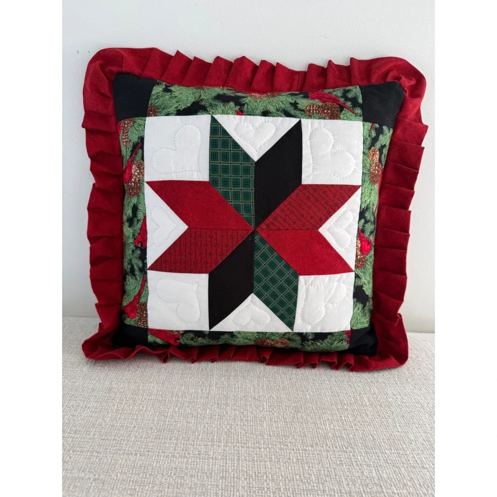 Handmade Quilted 8 Point Star Christmas Square Throw Pillow Cardinal Holiday